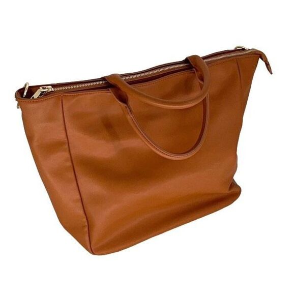 Designer Womens Vegan Leather Tote Saddle Shoulder Handbag Camel Tan Large - Picture 3 of 9